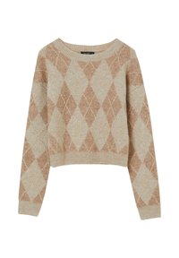 Maglione corto beige con un motivo argyle marrone chiaro e accenti dorati. Il collo e i polsini a costine migliorano la texture.