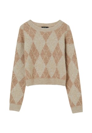 Maglione corto beige con un motivo argyle marrone chiaro e accenti dorati. Il collo e i polsini a costine migliorano la texture.