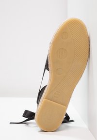Semelle en caoutchouc beige d’une espadrille noire avec motifs de la semelle et indication taille 37, chaussure appuyée contre un mur blanc.