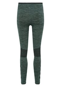 Zielone legginsy z fakturowanego materiału z wysokim stanem, z czarnymi siateczkowymi panelami na dolnej części nóg i akcentującymi paskami po bokach.