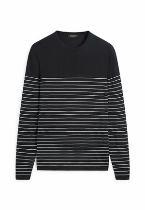 Zwarte trui met lange mouwen en een ronde hals, voorzien van dunne horizontale witte strepen vanaf de borst naar beneden en op de mouwen.