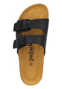 Sort tohåndsandal med justerbare spænder, korkfodbed og brun tekstureret indersål. "Palado" logo trykt på indersålen.