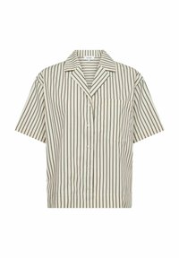 Short-sleeve button-up shirt in cream with vertical brown stripes, featuring a notched collar and a single chest pocket.