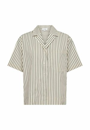 Koszula krótko rękawowa z guzikami w kolorze kremowym w pionowe brązowe paski, z wyciętym kołnierzykiem i jedną kieszenią na piersi.