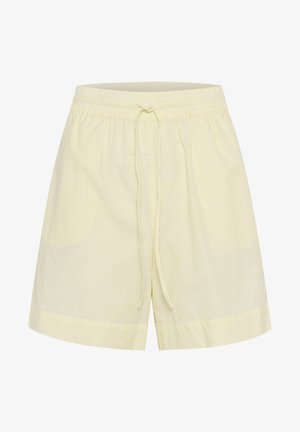 Šviesiai geltonos medvilninės šortai su elastine juosta ir raišteliu, lygiu paviršiumi ir apipjaustytu kraštu. Matomas dryžuotas raštas.