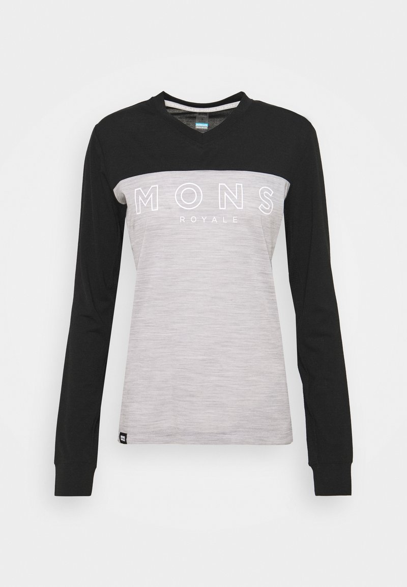 Long-sleeve shirt with a black upper section and light grey lower section. Features white "MONS ROYALE" logo across the chest. Soft fabric.