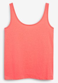 Débardeur corail avec une texture douce et lisse, des bretelles larges et un col arrondi. Le tissu présente un motif chiné subtil.