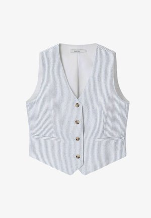 White sleeveless vest with thin blue vertical stripes, four brown buttons down the front, and two front welt pockets.
