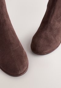 Hnedé semišové členkové čižmy so špicatou špičkou, zdobené jemnými stehmi a hladkou textúrou. Dizajn obsahuje nízky vrstvený podpätok.