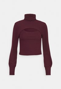 Burgundy ribbade långärmad polotröja med en utskärning vid bröstet och åtsittande ärmslut. Slät textur och kort design.