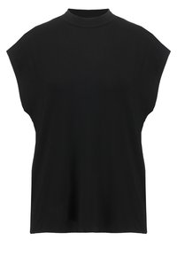 Haut noir à manches courtes avec un col haut, fabriqué en tissu doux, offrant une coupe ample et un design minimaliste. Pas de motifs visibles.