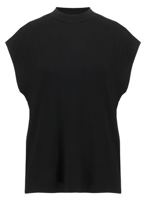 Haut noir à manches courtes avec un col haut, fabriqué en tissu doux, offrant une coupe ample et un design minimaliste. Pas de motifs visibles.
