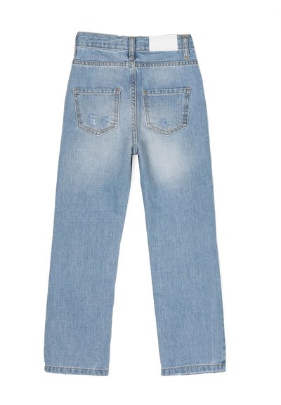 Jeans in denim azzurro chiaro con taglio dritto, caratterizzati da un alto girovita, due tasche posteriori e un effetto sbiadito sulle gambe.
