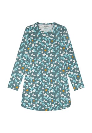 Teal jurk met lange mouwen met een multicolore abstracte bladerenpatroon in wit, lichtblauw en oranje. Zachte stof met een ronde hals.