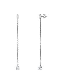 Pendientes de cadena de plata con un cristal rectangular en la parte superior y un cristal cuadrado más grande en el extremo, que presentan un diseño elegante y minimalista.