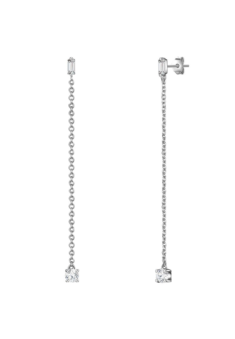 Pendientes de cadena de plata con un cristal rectangular en la parte superior y un cristal cuadrado más grande en el extremo, que presentan un diseño elegante y minimalista.