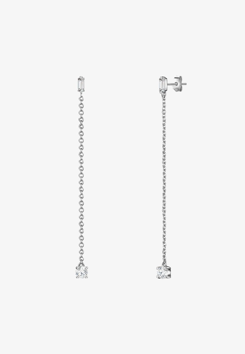 Pendientes de cadena de plata con un cristal rectangular en la parte superior y un cristal cuadrado más grande en el extremo, que presentan un diseño elegante y minimalista.