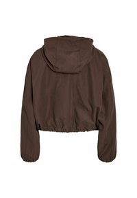 Sweat à capuche marron foncé court avec manches longues, poignets et ourlet élastiqués, présenté de dos sur fond blanc.