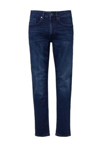 Granatowe dżinsy o slim fit, klasyczny pięciokieszeniowy fason, metalowe zapięcie na guzik oraz delikatne przetarcia z przodu.