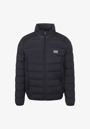 Schwarze Daunenjacke mit hohem Kragen, Reißverschluss und gepolsterten Bereichen. Verfügt über kontrastierende strukturierte Einsätze an den Schultern und seitlichen Taschen.