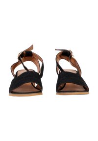 Paire de sandales noires à bout ouvert avec brides à la cheville et petits talons, vue de face sur un fond blanc.