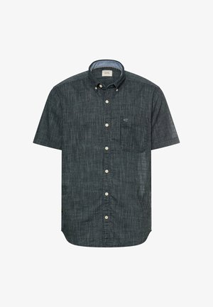 Short-sleeve dark gray button-up shirt with subtle vertical stripes, button-down collar, front pocket, and white buttons.