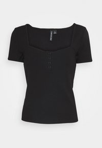 Svart ribbad kortärmad topp med fyrkantig halsringning, med fyra knappar nedtill och en åtsittande design.