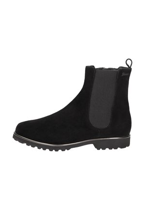 Black suede ankle boot with elastic side panel, loop pull tab at the back, and ridged rubber sole.