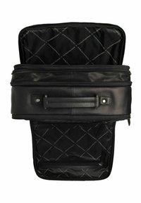 Borsa da viaggio in pelle nera con doppia zip e manico robusto. All'interno presenta una fodera con motivo e numerose tasche per l'organizzazione.