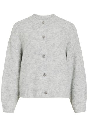 Siva pletena jopica s okroglim izrezom, ki ima krajšam dizajn in pet dekorativnih gumbov. Mehak tekstura z subtilnim vzorcem.