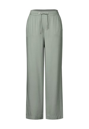 Light green wide-leg pants with an elastic waistband, adjustable drawstring, and smooth texture. No visible patterns or hardware details.