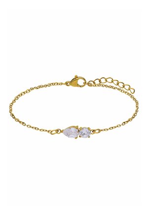 Delicaat gouden kettingarmband met een druppelvormige en een ronde heldere edelsteen naast elkaar gezet en een kreeftenklauwsluiting met verstelbare schakels.