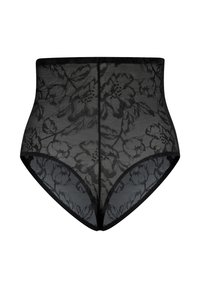 Zwarte hoge taille kanten slip met een bloemenpatroon, transparante textuur en een effen zwarte rand langs de randen.