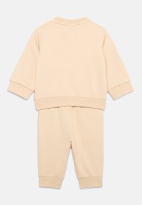 Ensemble en coton beige clair comprenant un sweat-shirt et un pantalon de jogging assortis. Caractéristiques : manches longues, poignets côtelés, et coupe décontractée. Texture simple et douce.
