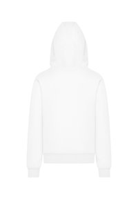 White hoodie with a drawstring hood, ribbed cuffs, and hem. Smooth texture with a cropped design, featuring a clean, minimalist appearance.