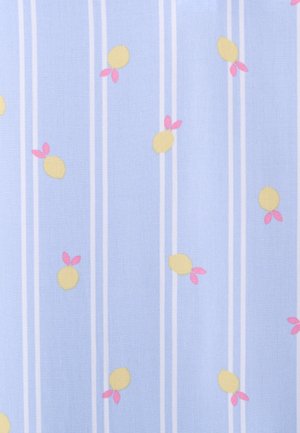 Light blue fabric with vertical white stripes and scattered small yellow lemons with two pink leaves each.