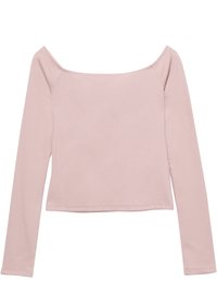 Dlhý rukáv top v mäkkom ružovom rebrovanom materiáli, s dizajnom bez ramienok a skráteným lemom, bez ďalších vzorov alebo akcentov.