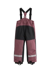 Vandtætte bib overalls i bordeaux og sort. Funktioner inkluderer justerbare stropper, elastisk talje og reflekterende striber på benene. Holdbart stof.