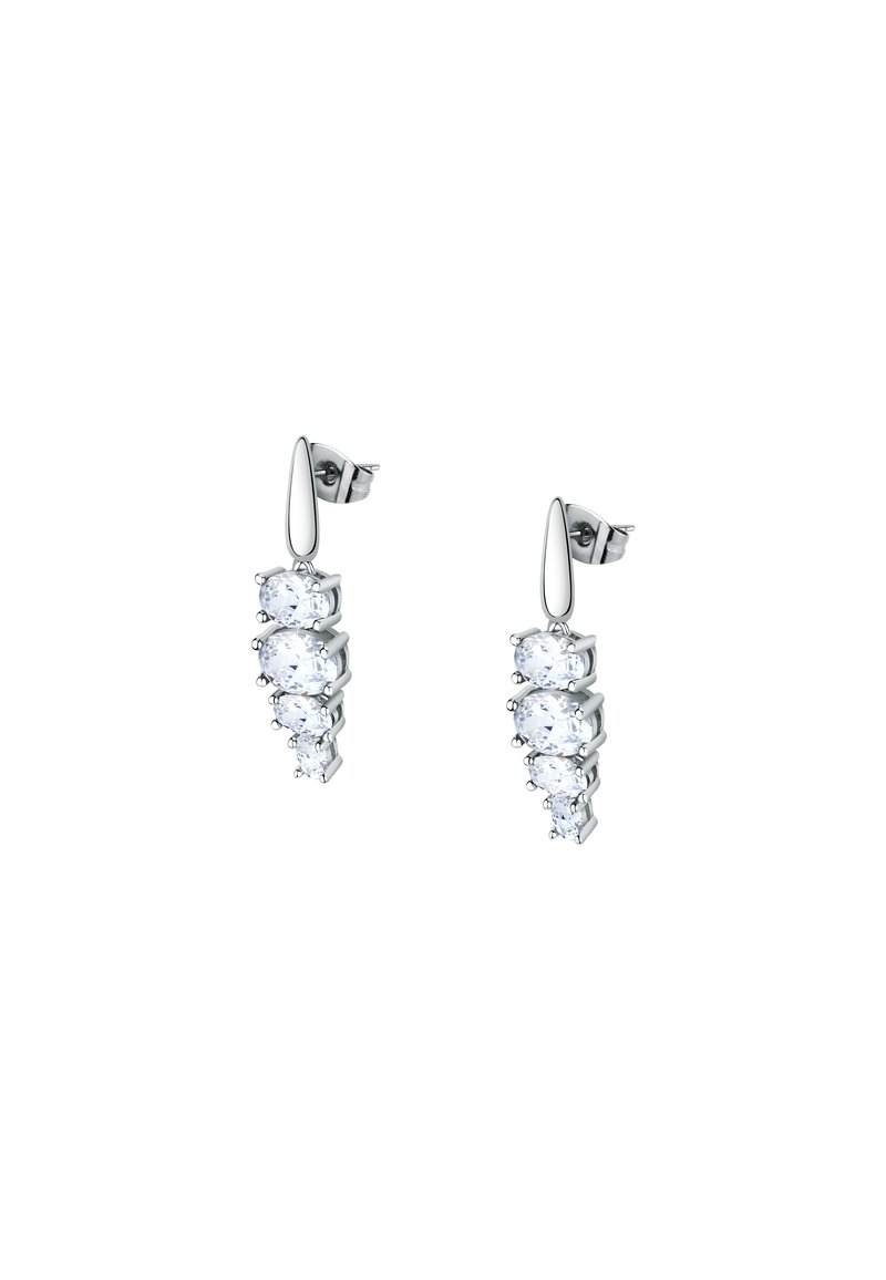 Orecchini a goccia in argento con cinque pietre di zirconia cubica trasparente disposte in un motivo discendente. Finitura liscia e lucida.
