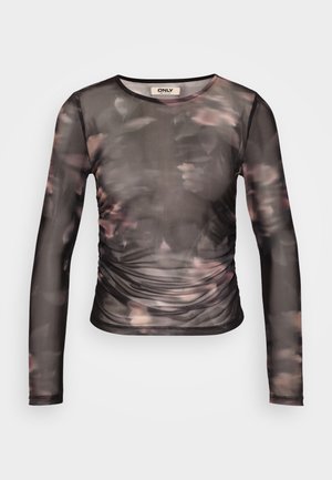Black long-sleeve mesh top featuring a floral pattern in shades of pink and cream, with gathered detailing at the waist and a round neckline.