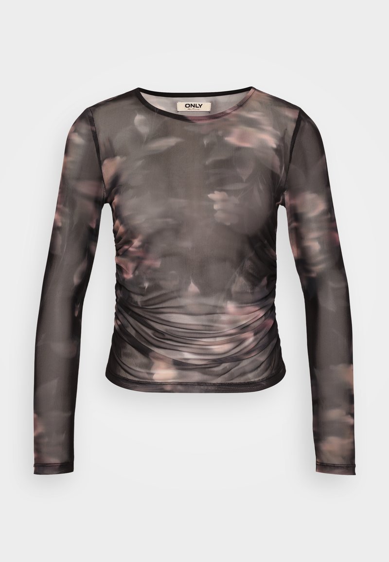 Schwarzes langärmliges Mesh-Top mit floralem Muster in Pink- und Cremetönen, mit gerafften Details an der Taille und Rundhalsausschnitt.
