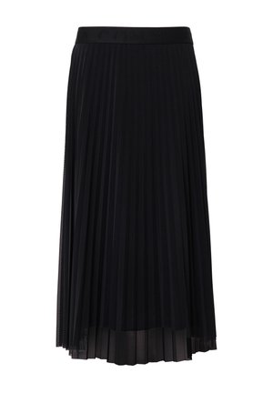 Jupe plissée noire avec une taille large, fabriquée en tissu léger. Présente un design en couches pour plus de texture et d'istranslier.