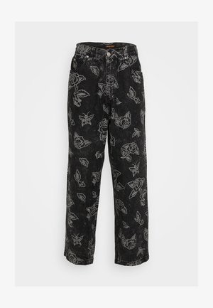 Jeans de ganga preta com um padrão floral e de borboletas em cinza. O design inclui uma cintura alta e um corte reto.