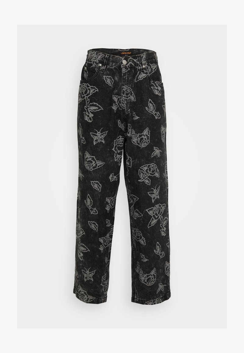 Μαύρο τζιν παντελόνι με σχέδιο λουλουδιών και πεταλούδων σε γκρι απόχρωση. Ο σχεδιασμός περιλαμβάνει ψηλή μέση και κανονική γραμμή.
