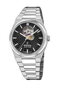 Montre en acier inoxydable argenté avec un cadran texturé noir, mouvement visible, index horaires en argent et une lunette polie. Comprend un bracelet en métal.