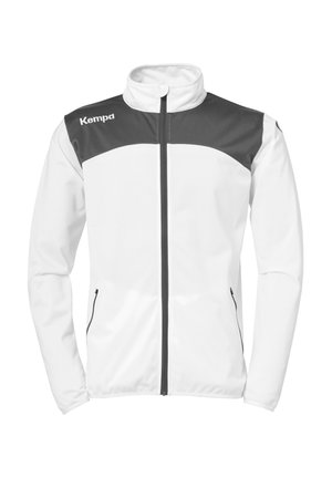 Weißes Sportjackett mit schwarzem Oberteil, Stehkragen, durchgehendem Reißverschluss und Seitentaschen. Hergestellt aus glattem, leichtem Stoff.