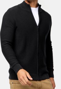 Mann in einem schwarzen, hochgezippten Strickpullover über einem weißen T-Shirt und beigen Hosen, von den Schultern bis zu den Hüften gezeigt.