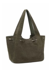 Sac cabas vert olive en daim doux avec des anses larges, présentant un design minimaliste et de petites touches en tissu sur les côtés.