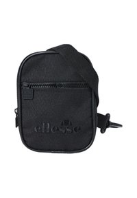 Kleine schwarze Stoff-Umhängetasche mit vorderer Reißverschlusstasche, verstellbarem Riemen und geprägt es ellesse-Logo auf der Vorderseite.