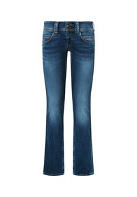 Blue denim bootcut jeans with double button closure and front pockets, showing slight fading on thighs and lower legs.